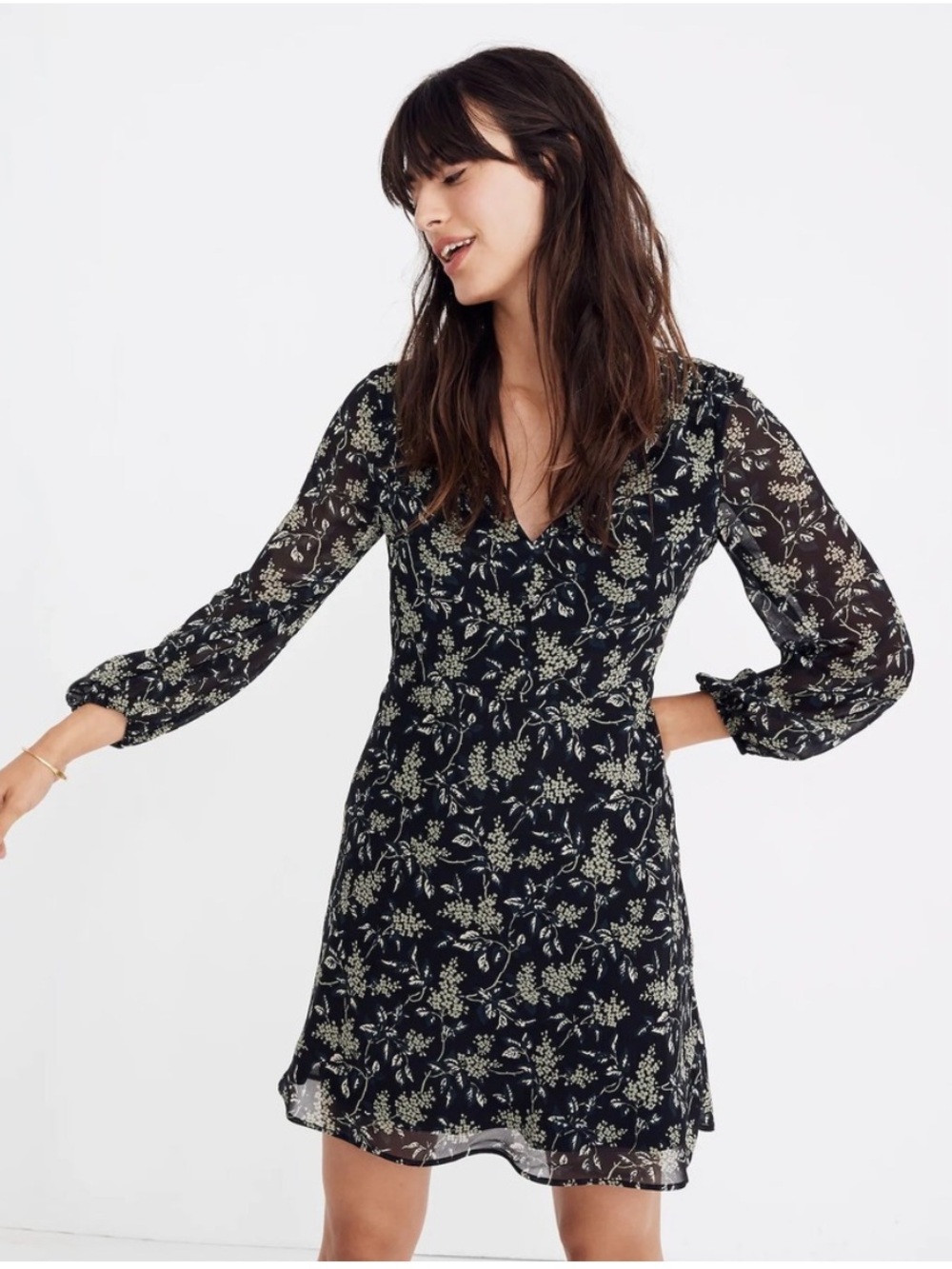 Madewell Marguerite Dress Antique Flora V Neck Long Sleeve Dark Floral Mini 14